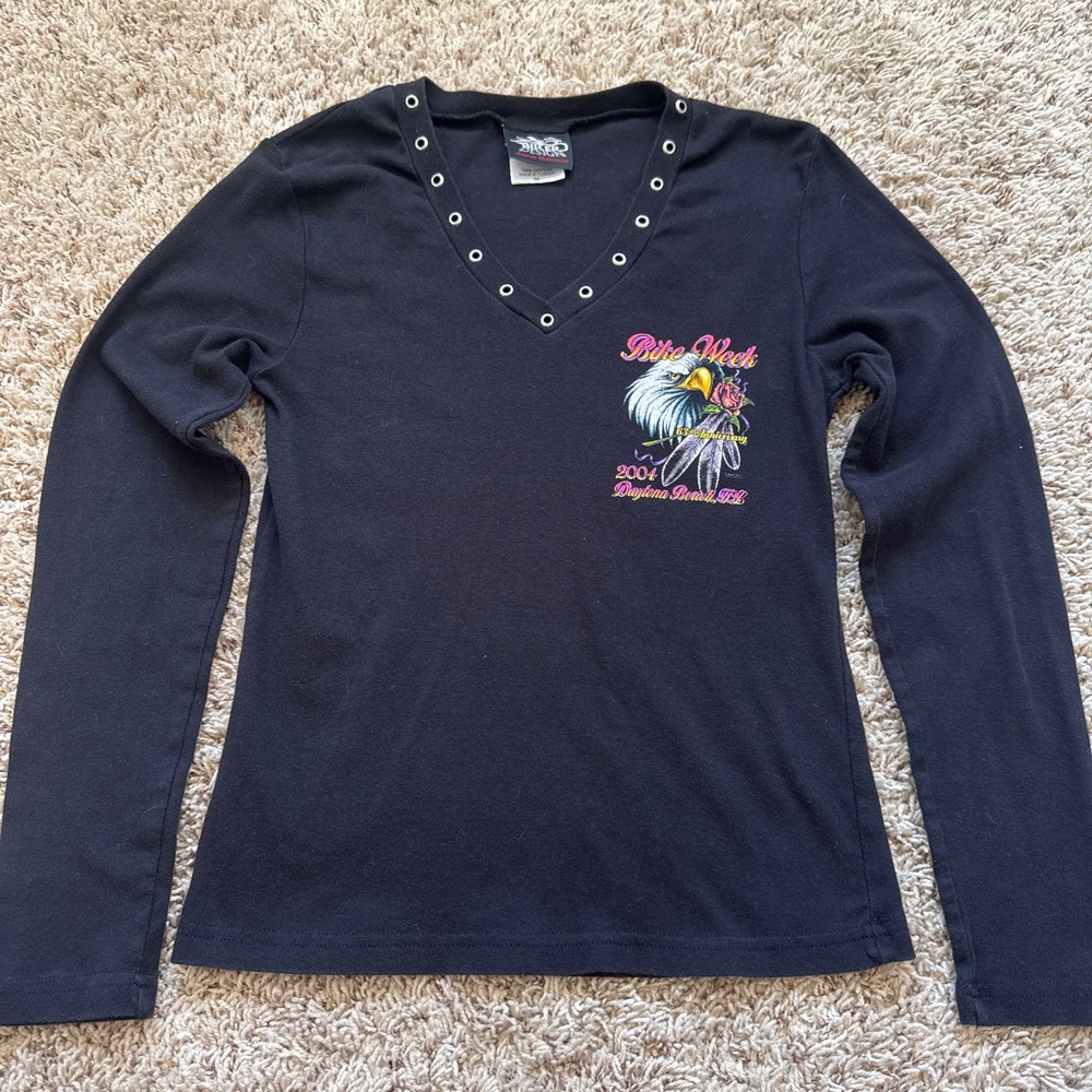 Biker Design Daytona Beach Bike Week 2004 Grommet V-Neck Long Sleeve Shirt M